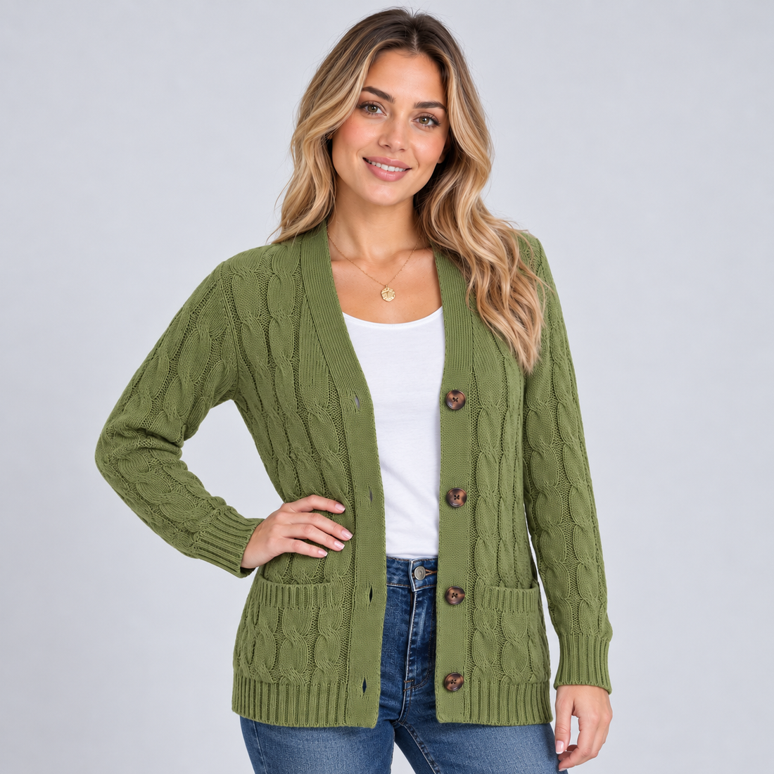 Montarello women's cable knit cardigan – fern green front