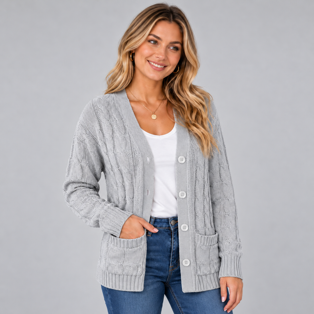 Montarello women's cable knit cardigan – grey front