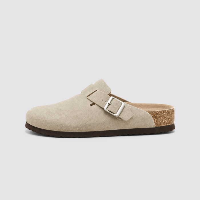 Taupe suede-look buckle clog side profile