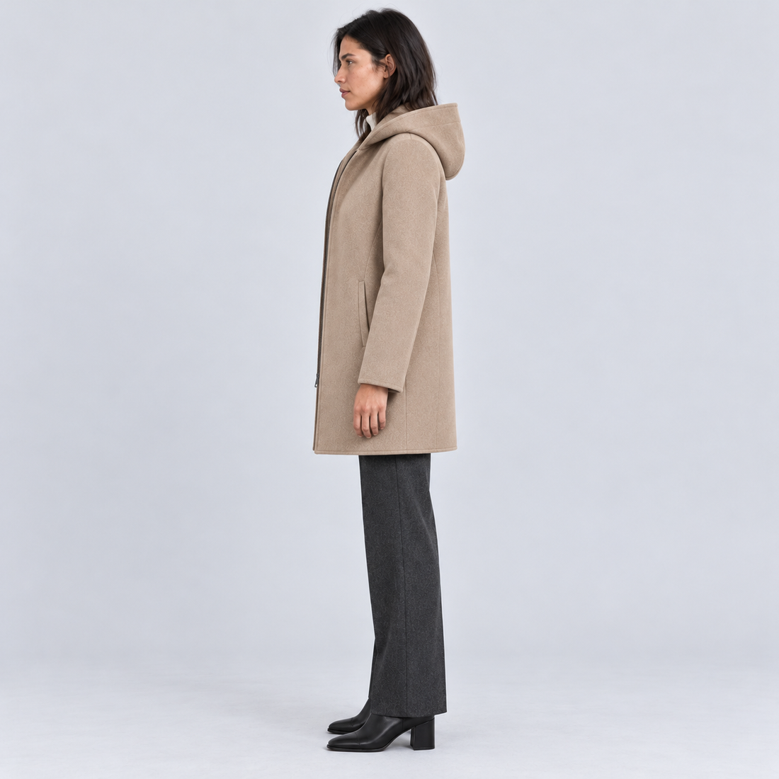 Montarello Women's Hooded Coat with Full Zip — Beige — side view