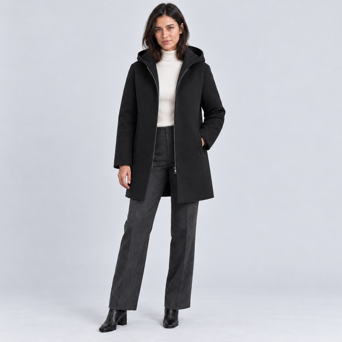 Montarello Women's Hooded Coat with Full Zip — Black — front view