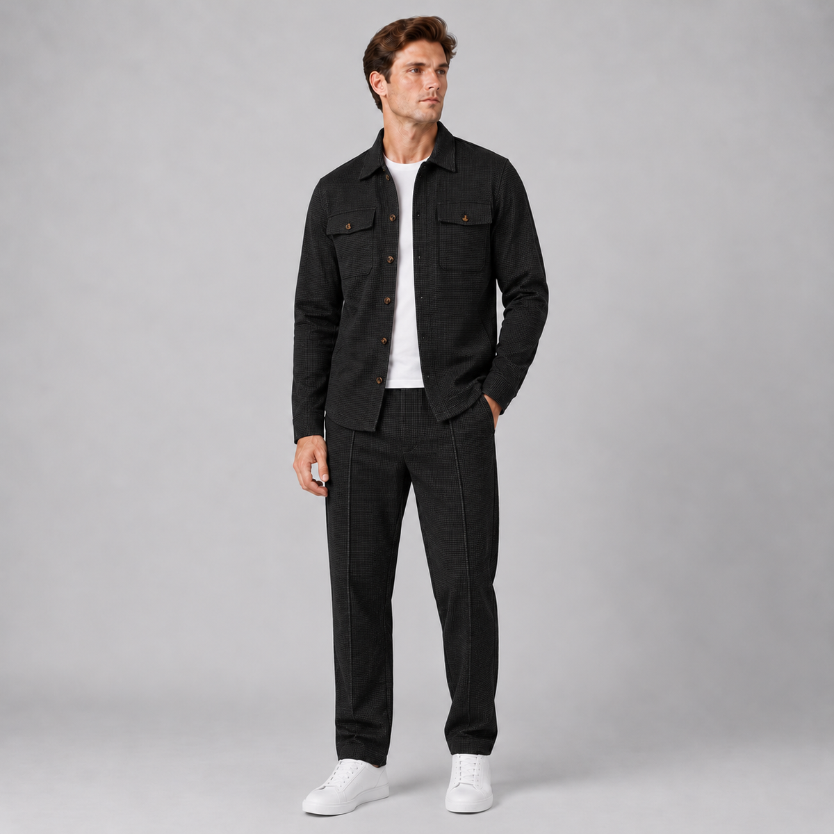 Montarello men's black textured overshirt and trousers co-ord set — front studio view
