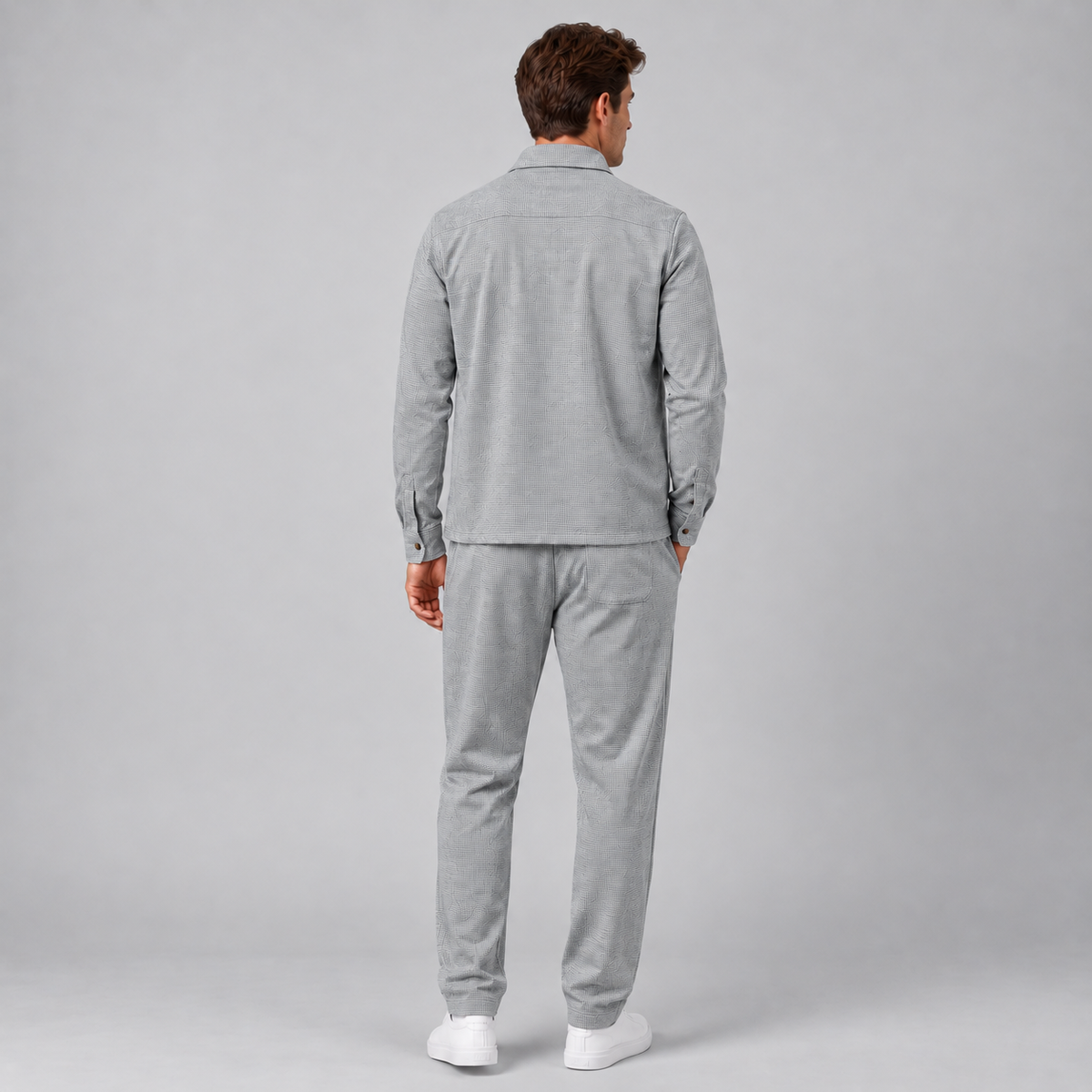 Montarello men's light grey textured overshirt and trousers co-ord set — back view