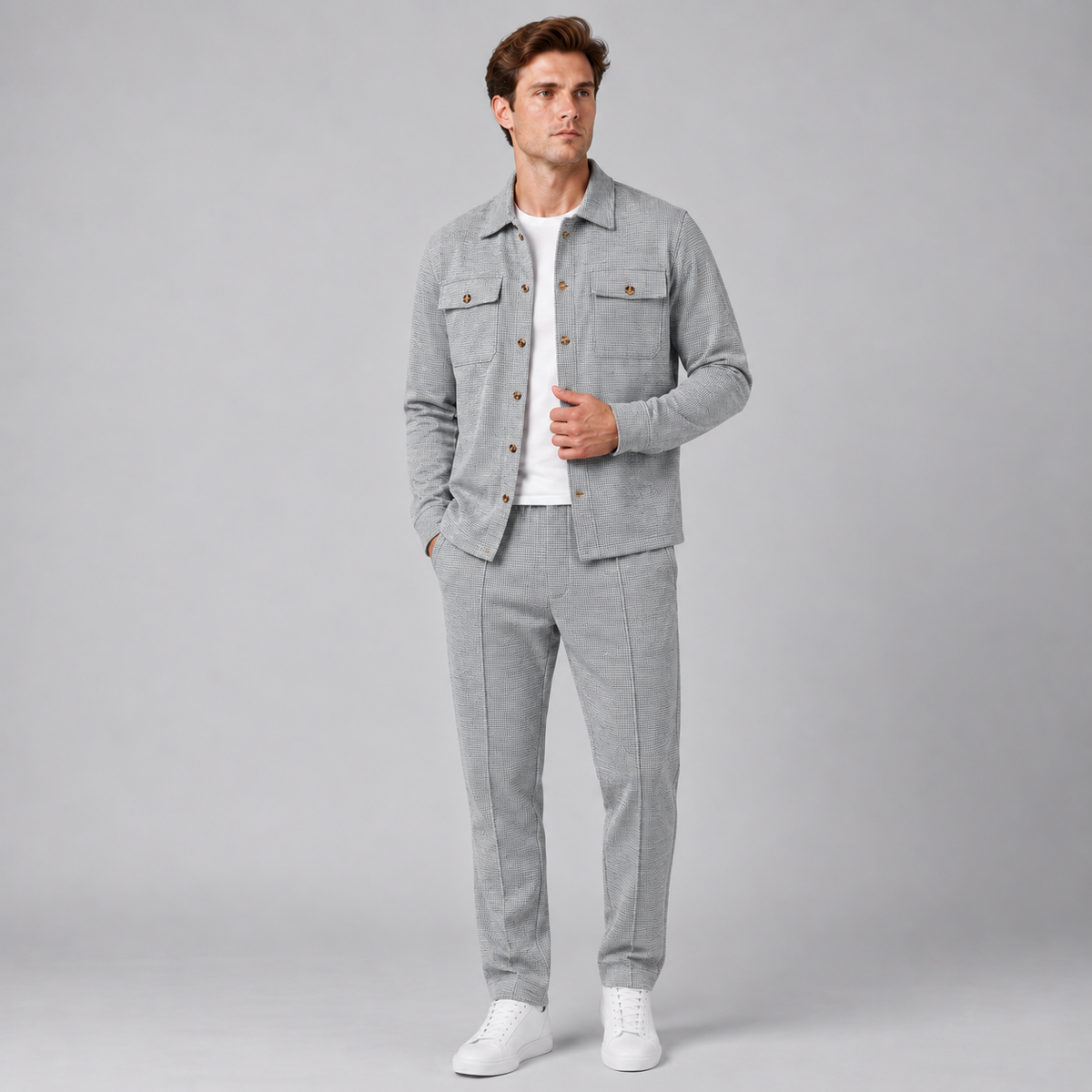 Montarello men's light grey textured overshirt and trousers co-ord set — front view