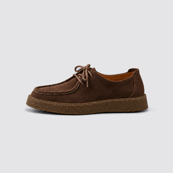 Dark Brown shoe, side view, background #e5e5e7