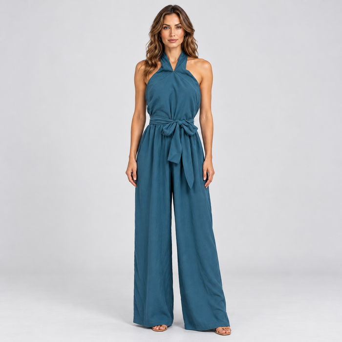 Montarello women's halter wide-leg jumpsuit in Blue - corrected loose cut and tie waist