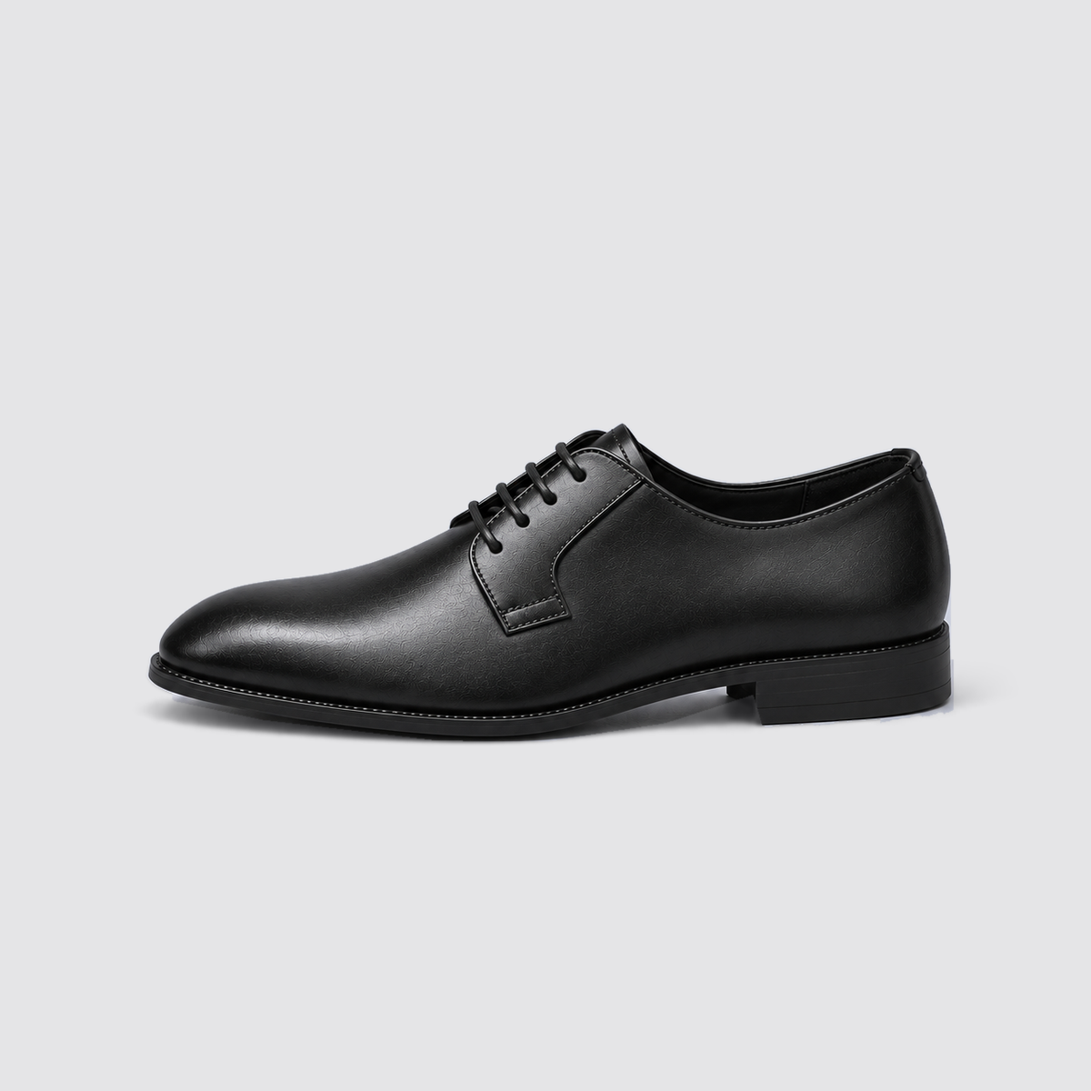 Black shoe, side view, background #e5e5e7