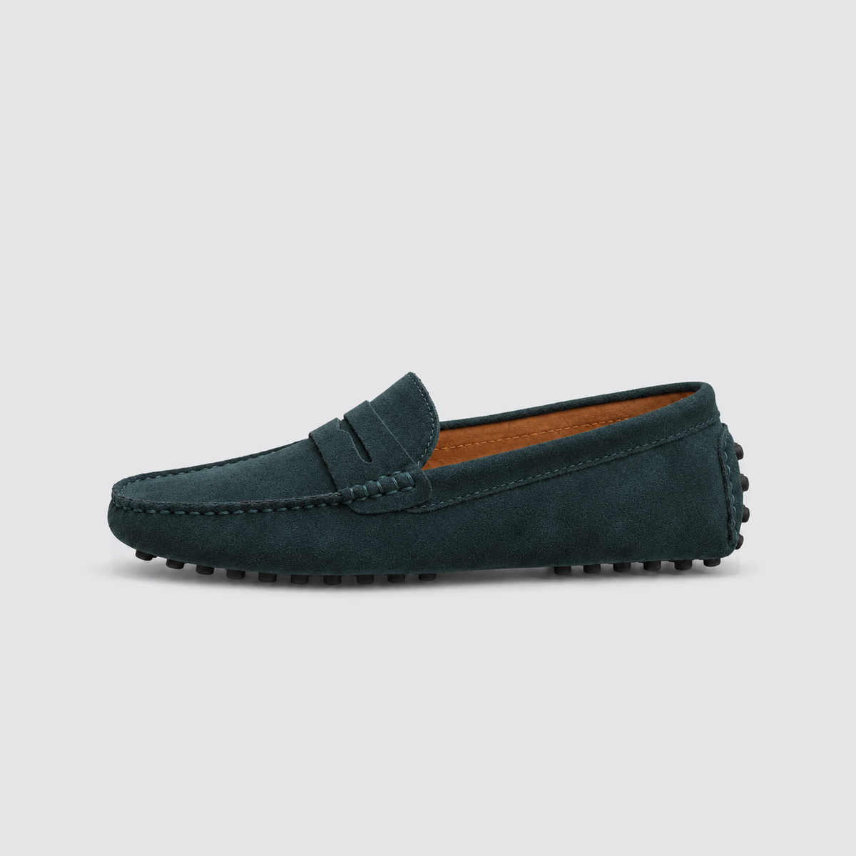 Green loafer, side view, background #e5e5e7