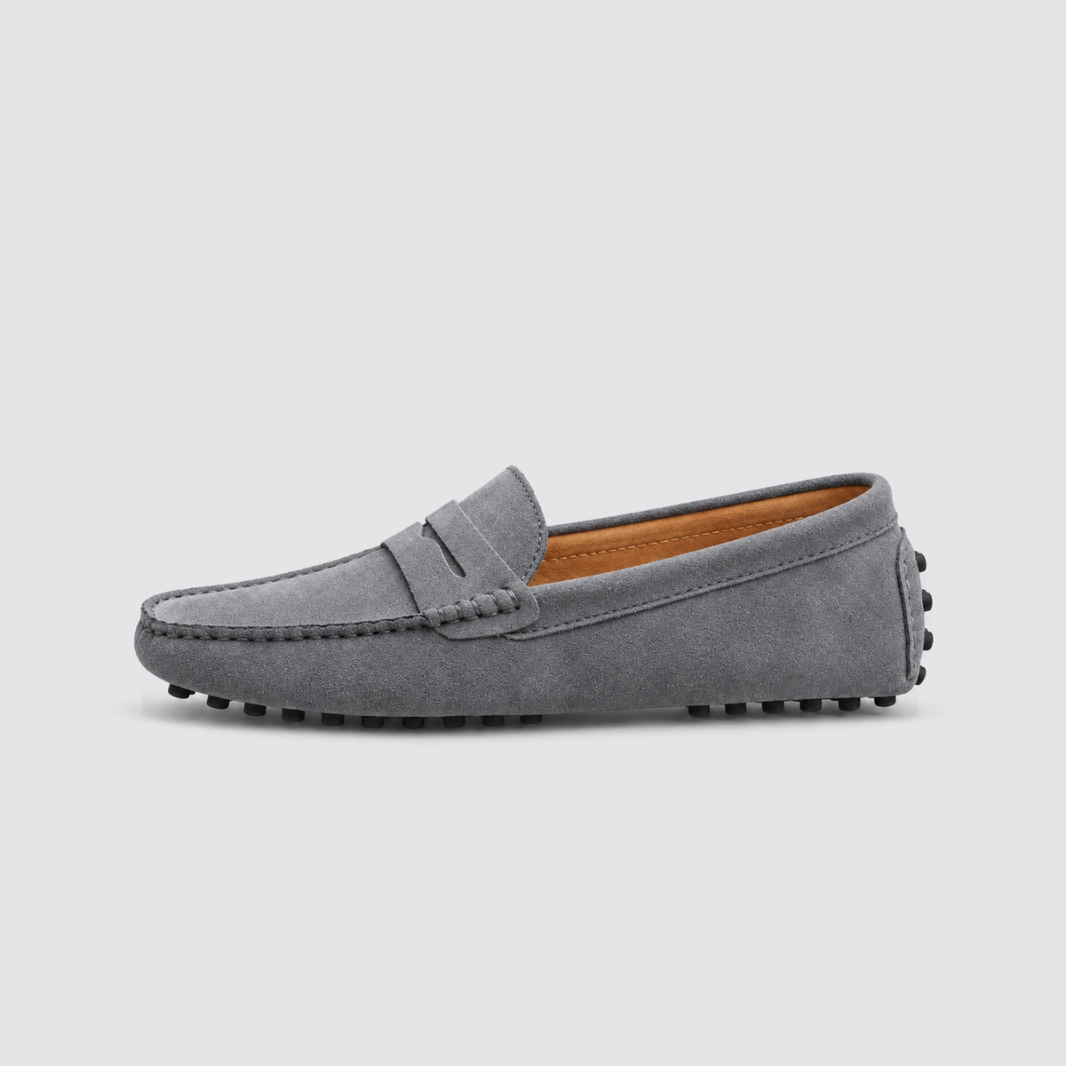 Grey loafer, side view, background #e5e5e7