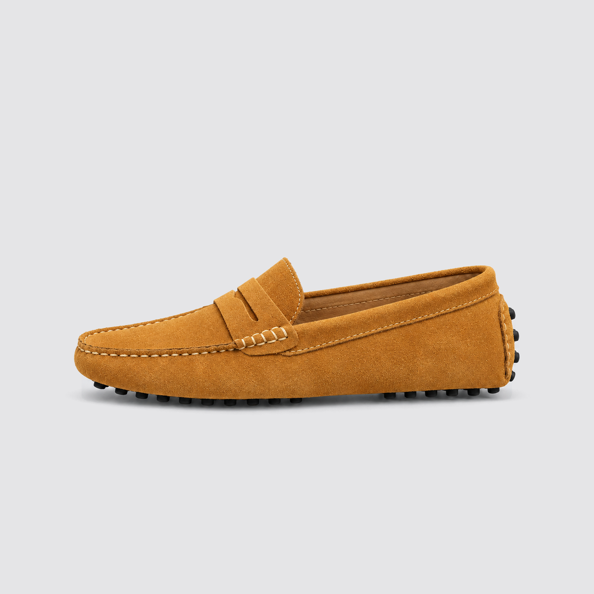 Light Brown loafer, side view, background #e5e5e7
