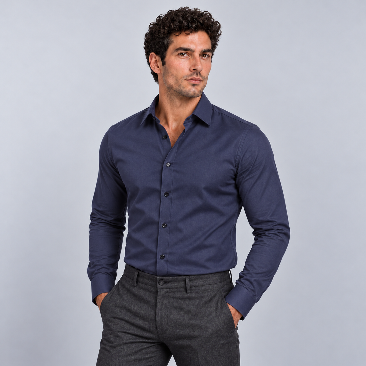 Montarello Men's Wrinkle-Free Formal Shirt – Navy Blue – front