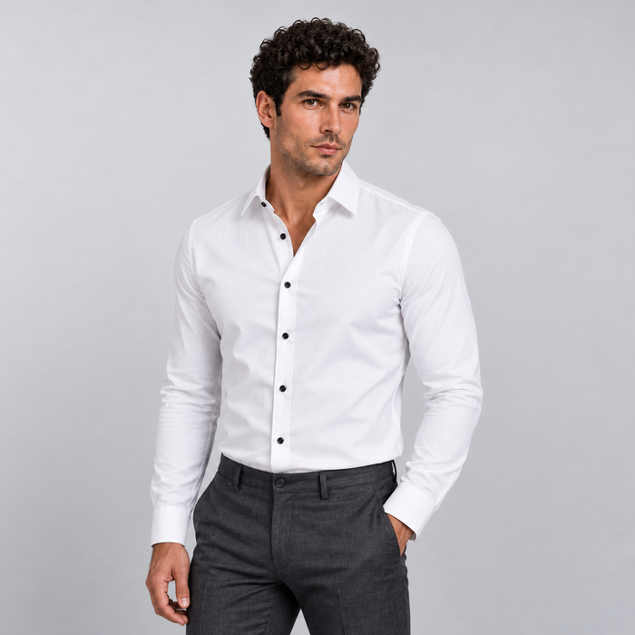 Montarello Men's Wrinkle-Free Formal Shirt – White (Black Buttons) – front