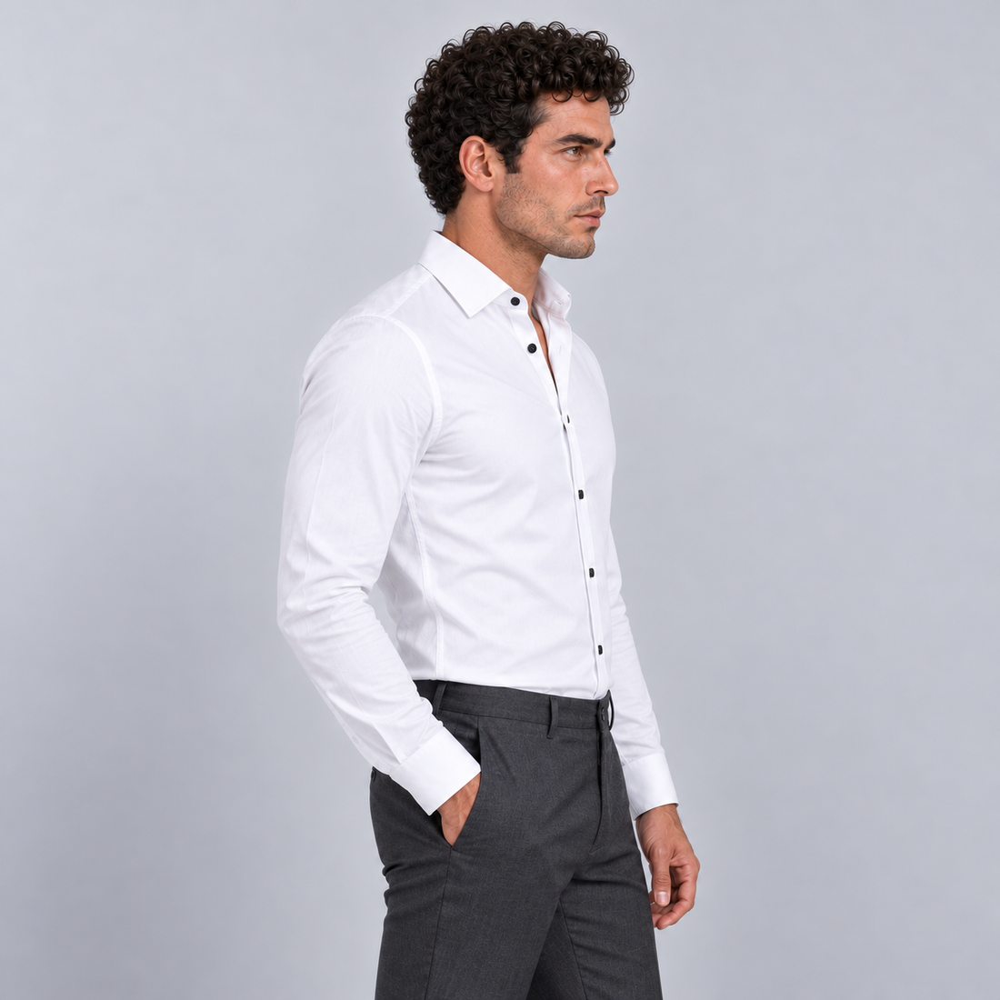 Montarello Men's Wrinkle-Free Formal Shirt – White (Black Buttons) – side
