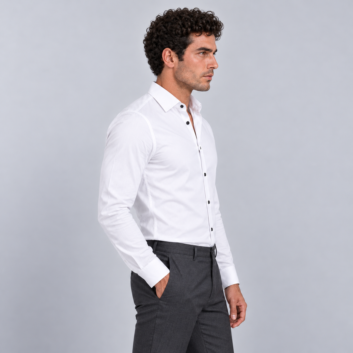 Montarello Men's Wrinkle-Free Formal Shirt – White (Black Buttons) – side