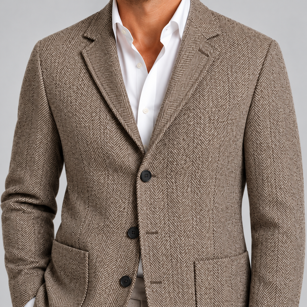 Montarello men's beige herringbone blazer, lapel and fabric detail