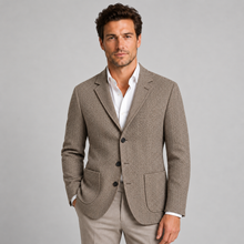 Montarello men's beige herringbone tailored blazer, studio model view