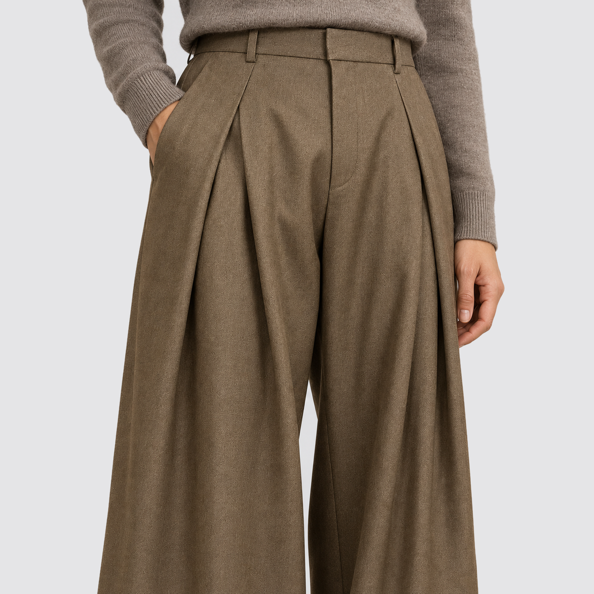Montarello Wide Leg Pleated High Waist – Light Brown – 05