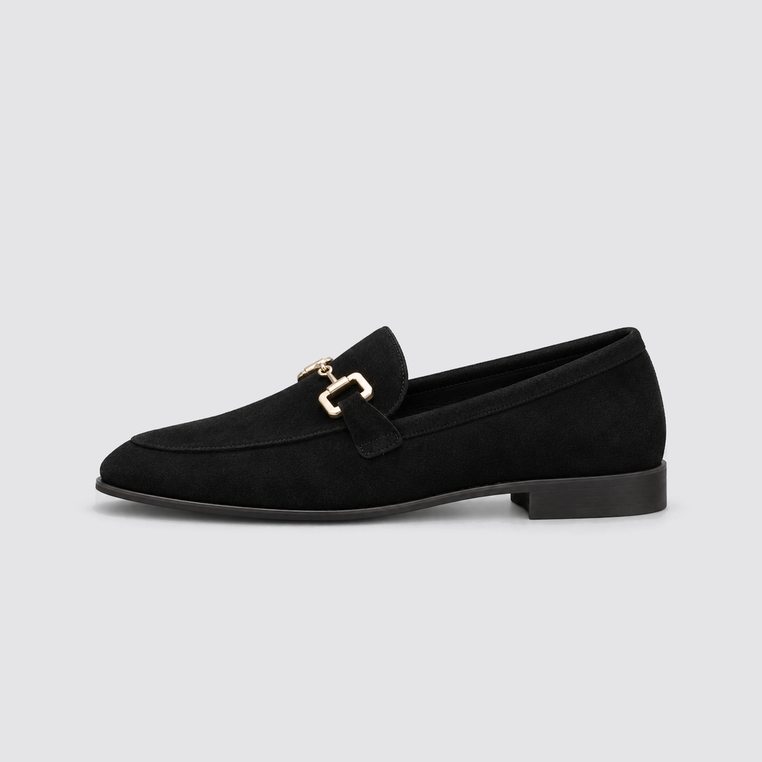 Black loafer, side view, background #e5e5e7
