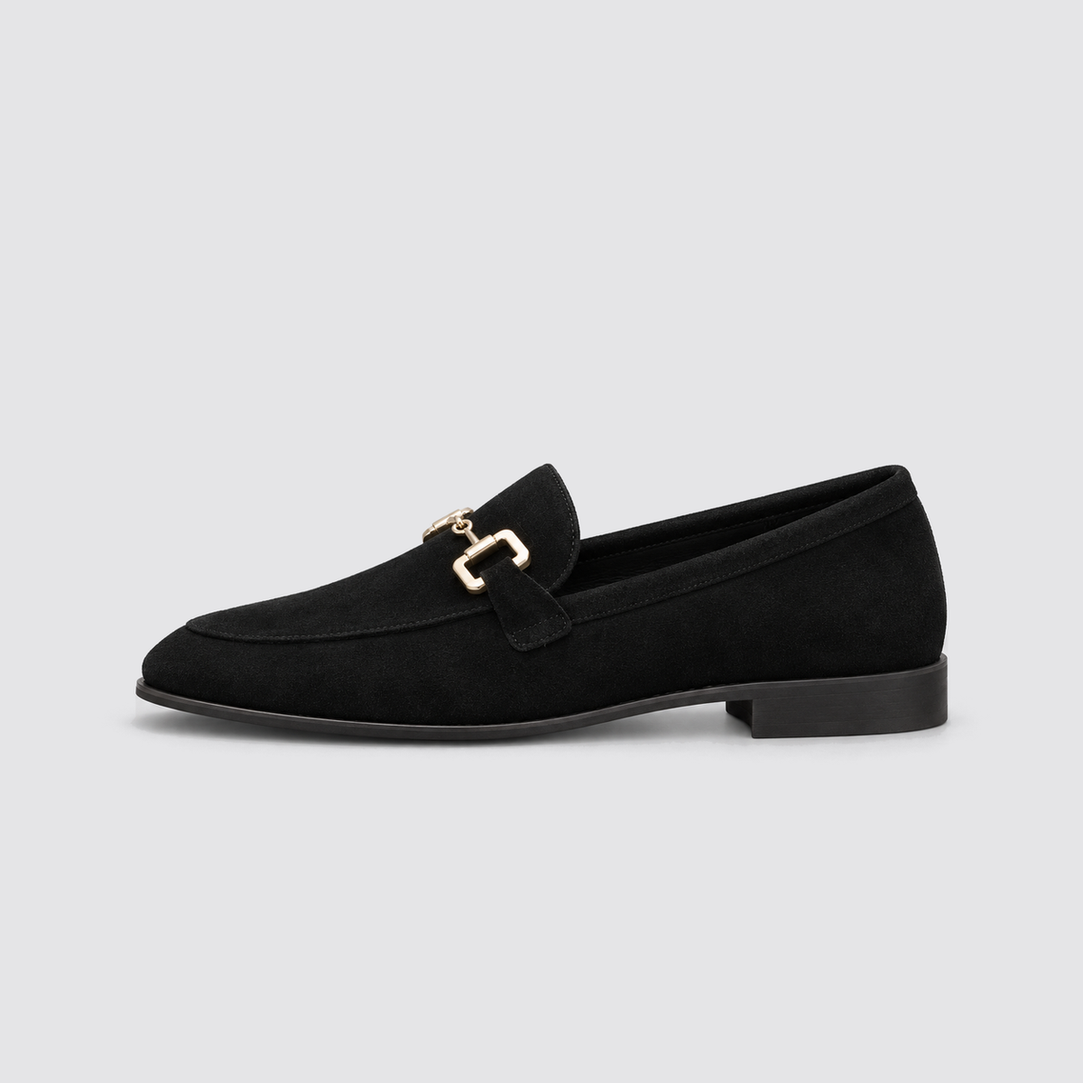 Black loafer, side view, background #e5e5e7