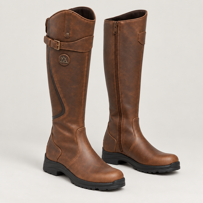 Montarello Dark Brown knee-high boots — freestanding front view