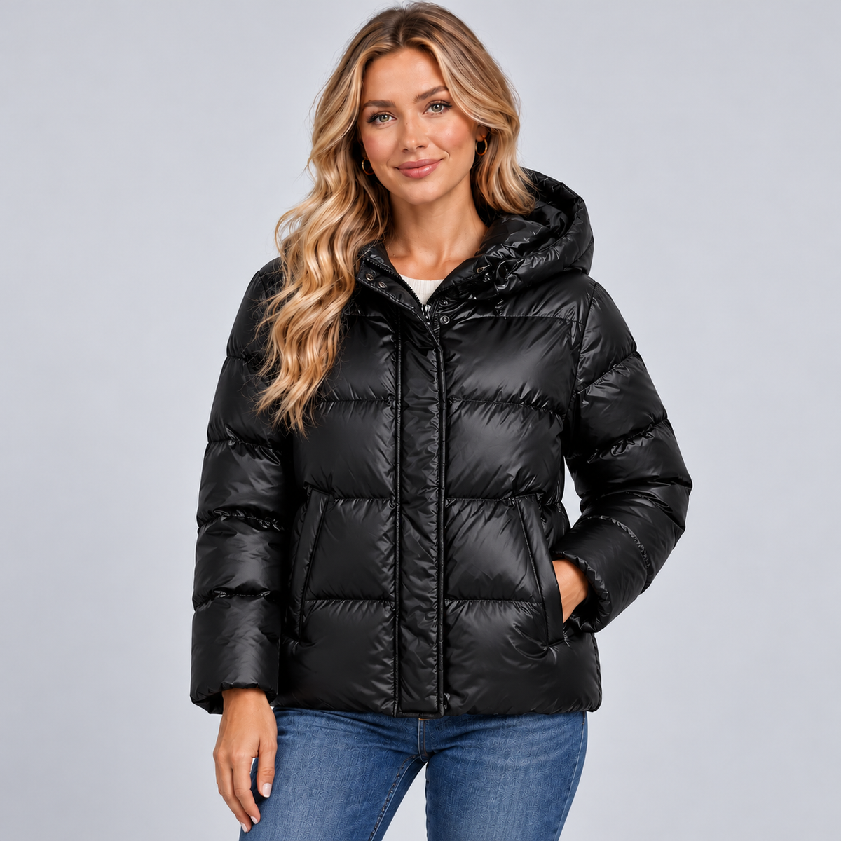 Montarello Women's Quilted Winter Jacket Hooded Full Zip - Black - main