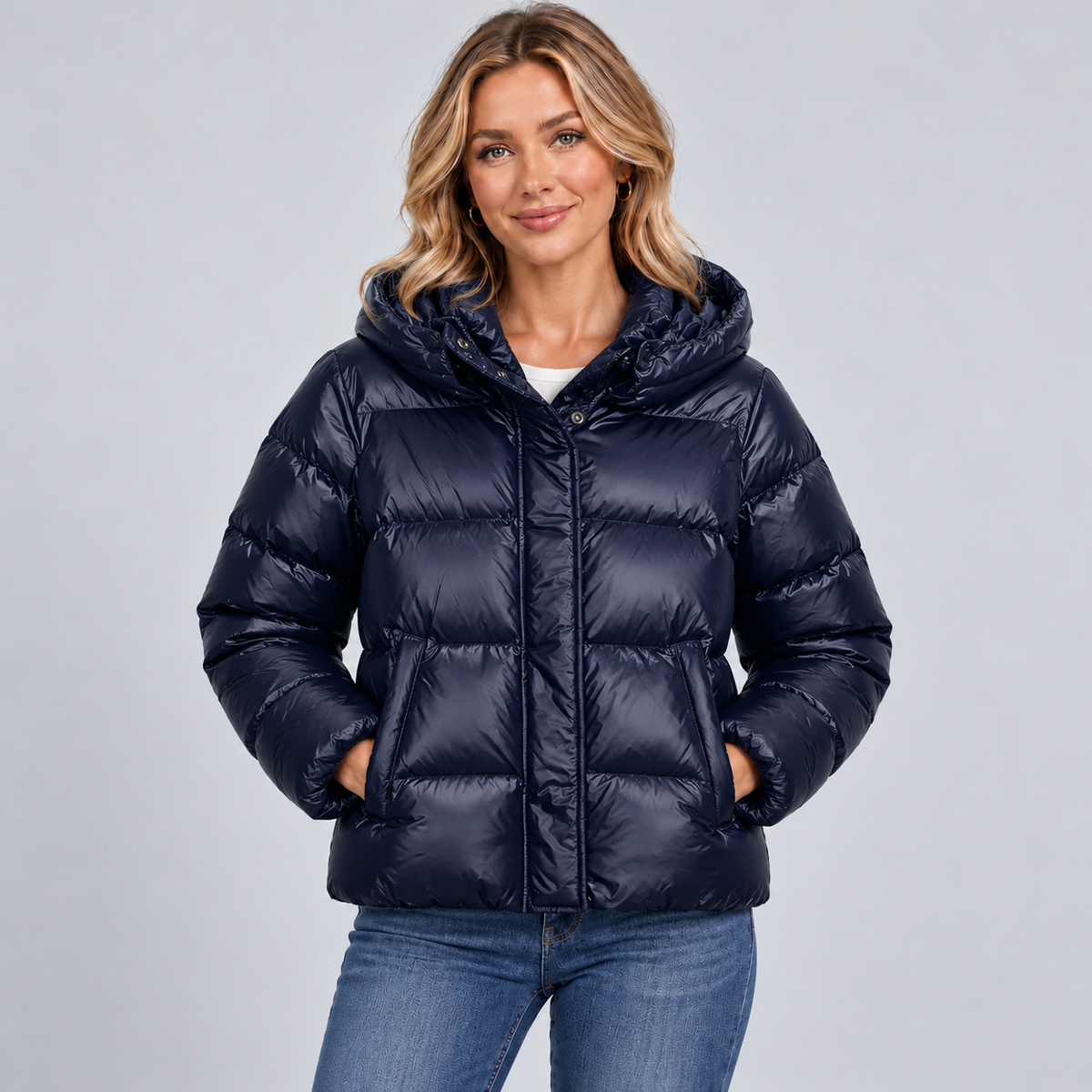 Montarello Women's Quilted Winter Jacket Hooded Full Zip - Dark Blue - main