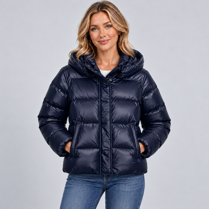 Montarello Women's Quilted Winter Jacket Hooded Full Zip - Dark Blue - main