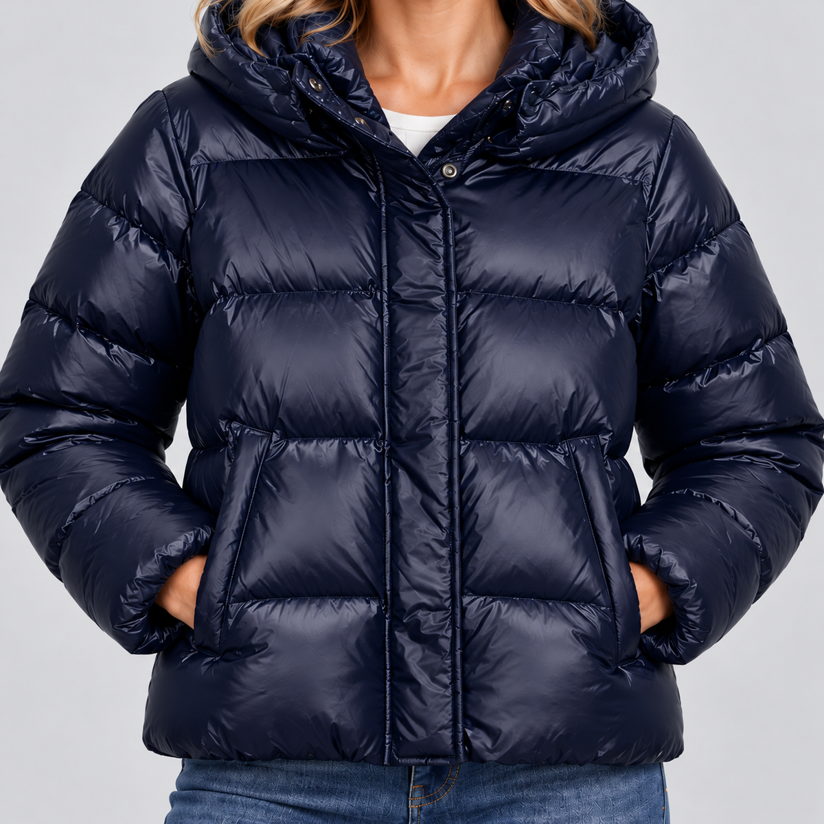 Montarello Women's Quilted Winter Jacket Hooded Full Zip - Dark Blue - detail