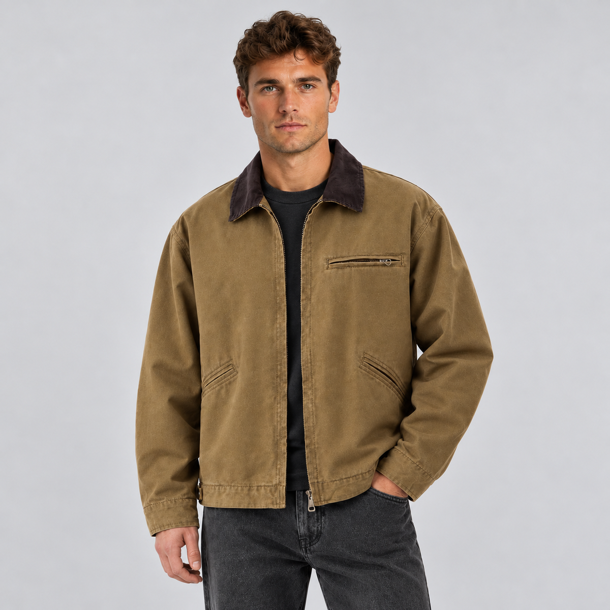 Montarello Men's Barn Jacket Canvas Corduroy Collar Zip Up - Brown - main