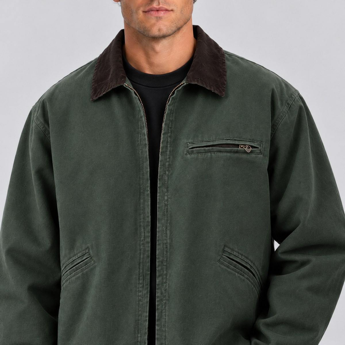 Montarello Men's Barn Jacket Canvas Corduroy Collar Zip Up - Green - detail