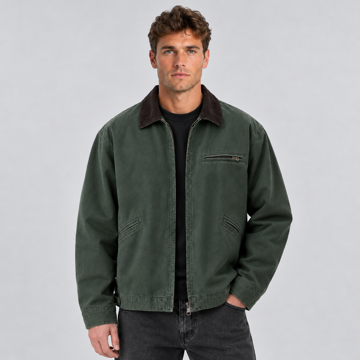Montarello Men's Barn Jacket Canvas Corduroy Collar Zip Up - Green - main