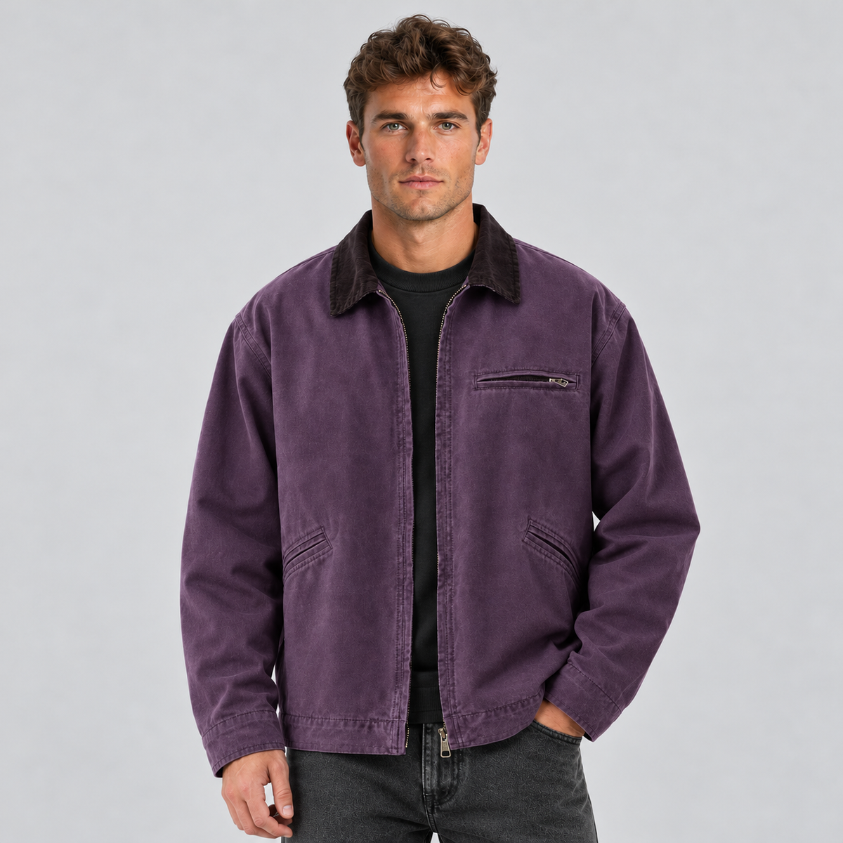 Montarello Men's Barn Jacket Canvas Corduroy Collar Zip Up - Purple - main