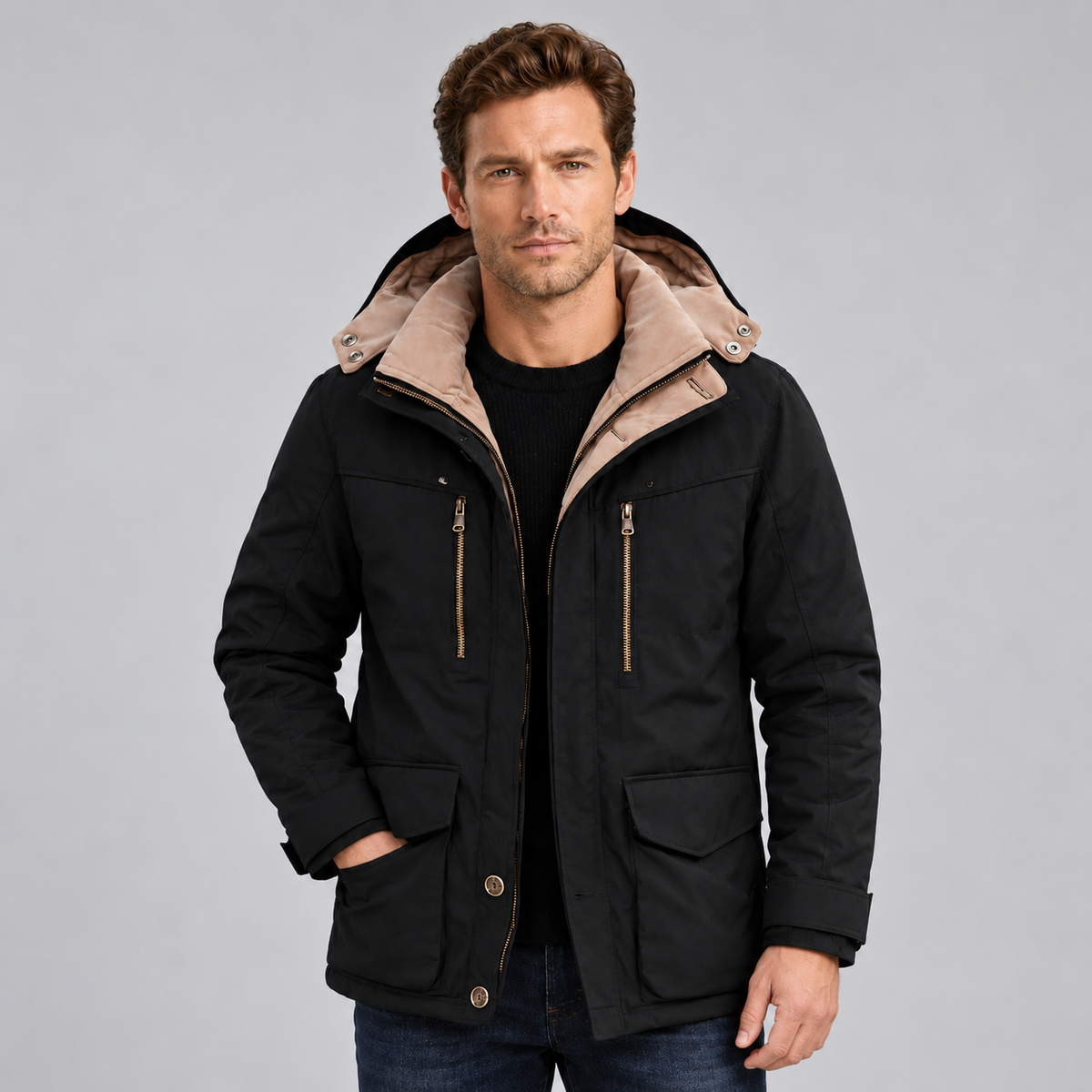 Montarello Men's Waterproof Winter Jacket Hooded Fleece Lined - Black - main