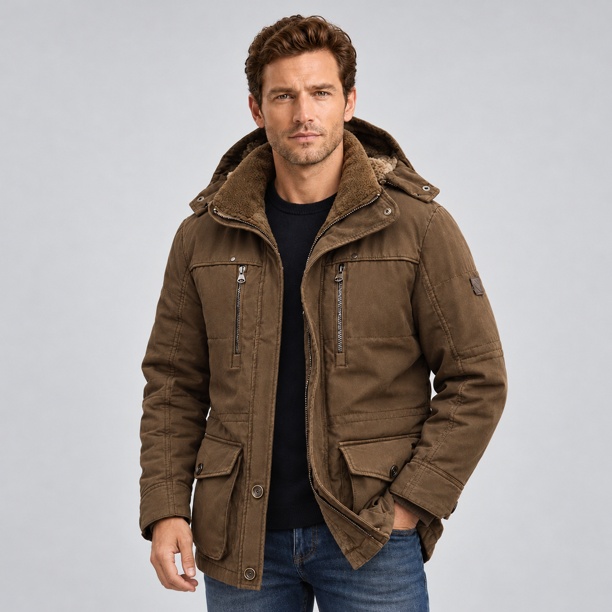 Montarello Men's Waterproof Winter Jacket Hooded Fleece Lined - Dark Brown - main