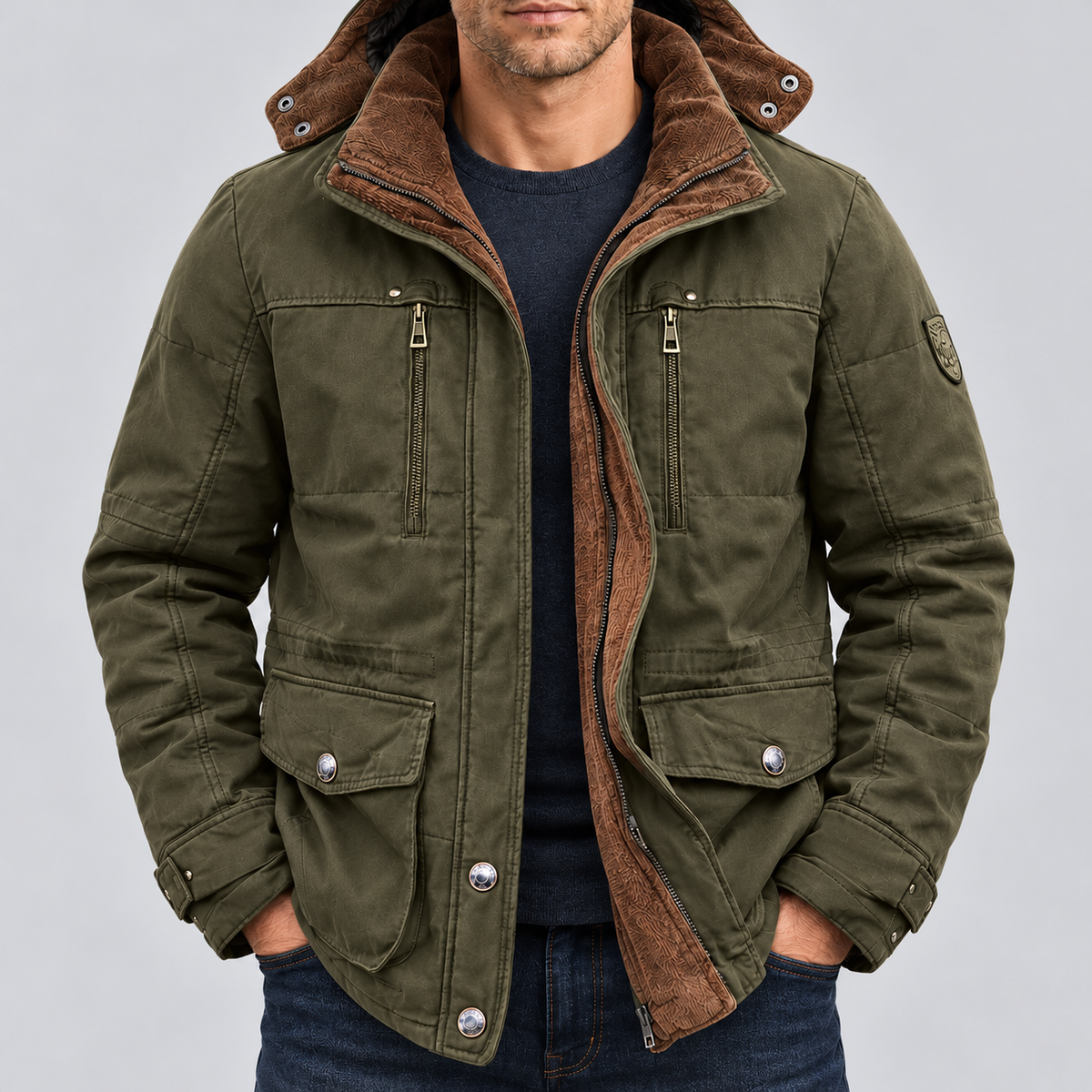 Montarello Men's Waterproof Winter Jacket Hooded Fleece Lined - Green - detail