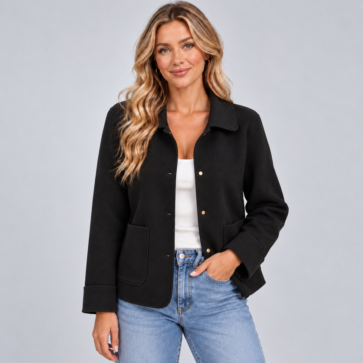 Montarello Women's Overshirt Jacket Collared Button Front - Black - main
