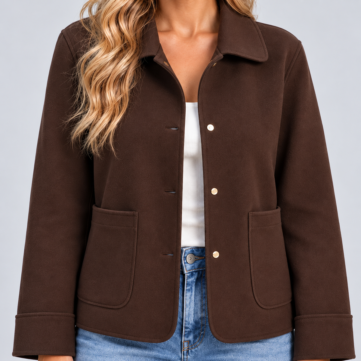 Montarello Women's Overshirt Jacket Collared Button Front - Brown - detail