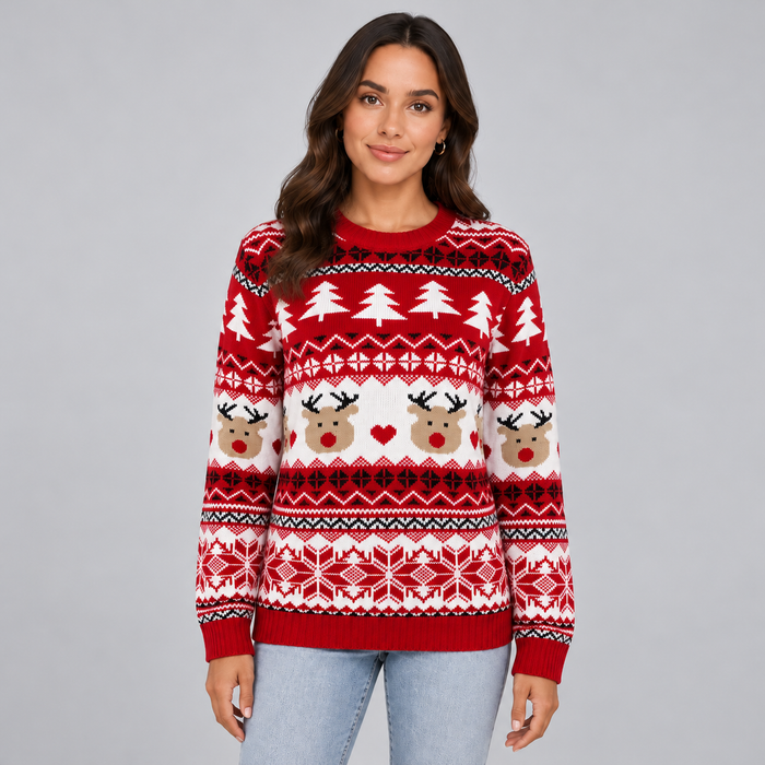 Montarello Women's Christmas Jumper Reindeer Crew Neck Knit - Red - main