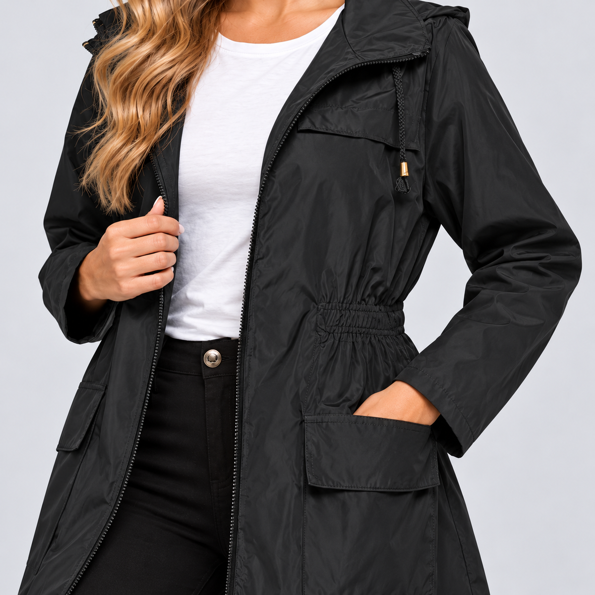 Montarello Women's Raincoat Hooded Lightweight Packable - Black - detail