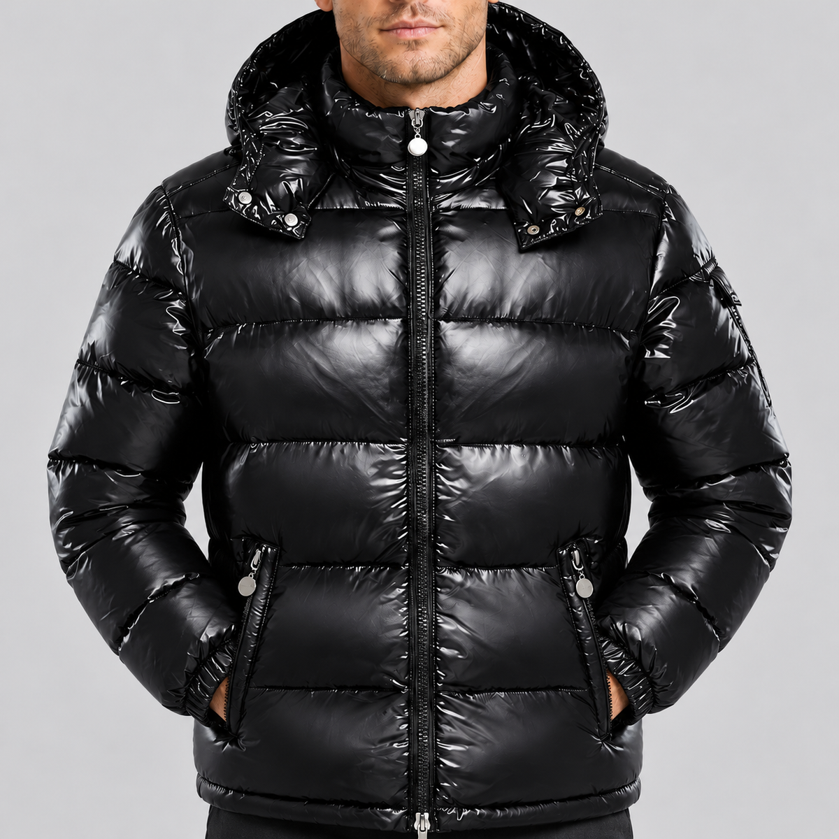 Montarello Men's Puffer Jacket Glossy Hooded Full Zip - Black - detail