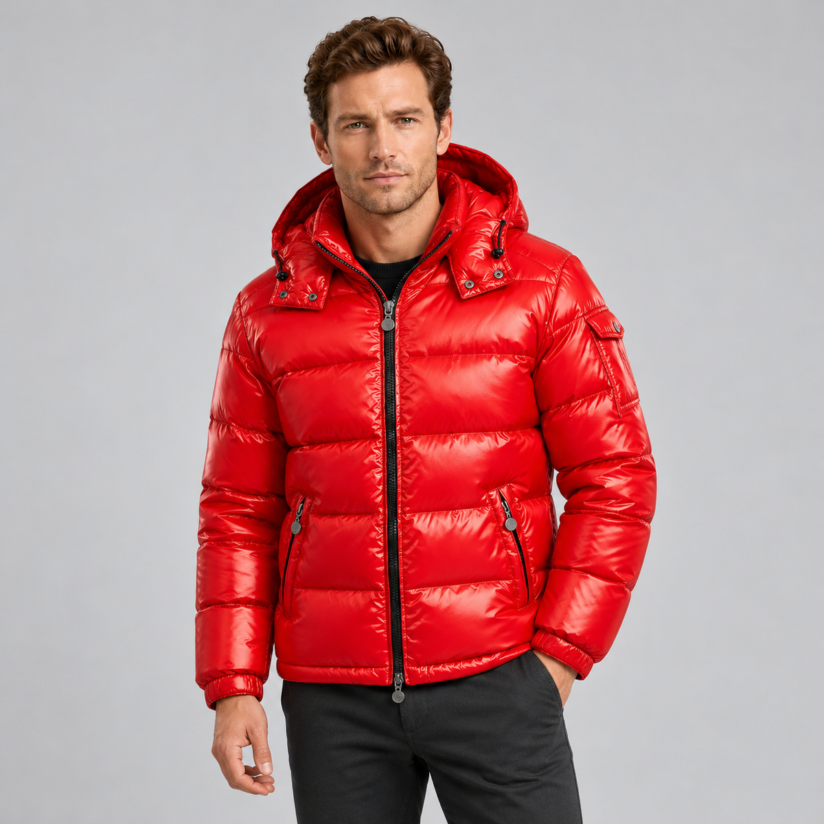 Montarello Men's Puffer Jacket Glossy Hooded Full Zip - Red - main