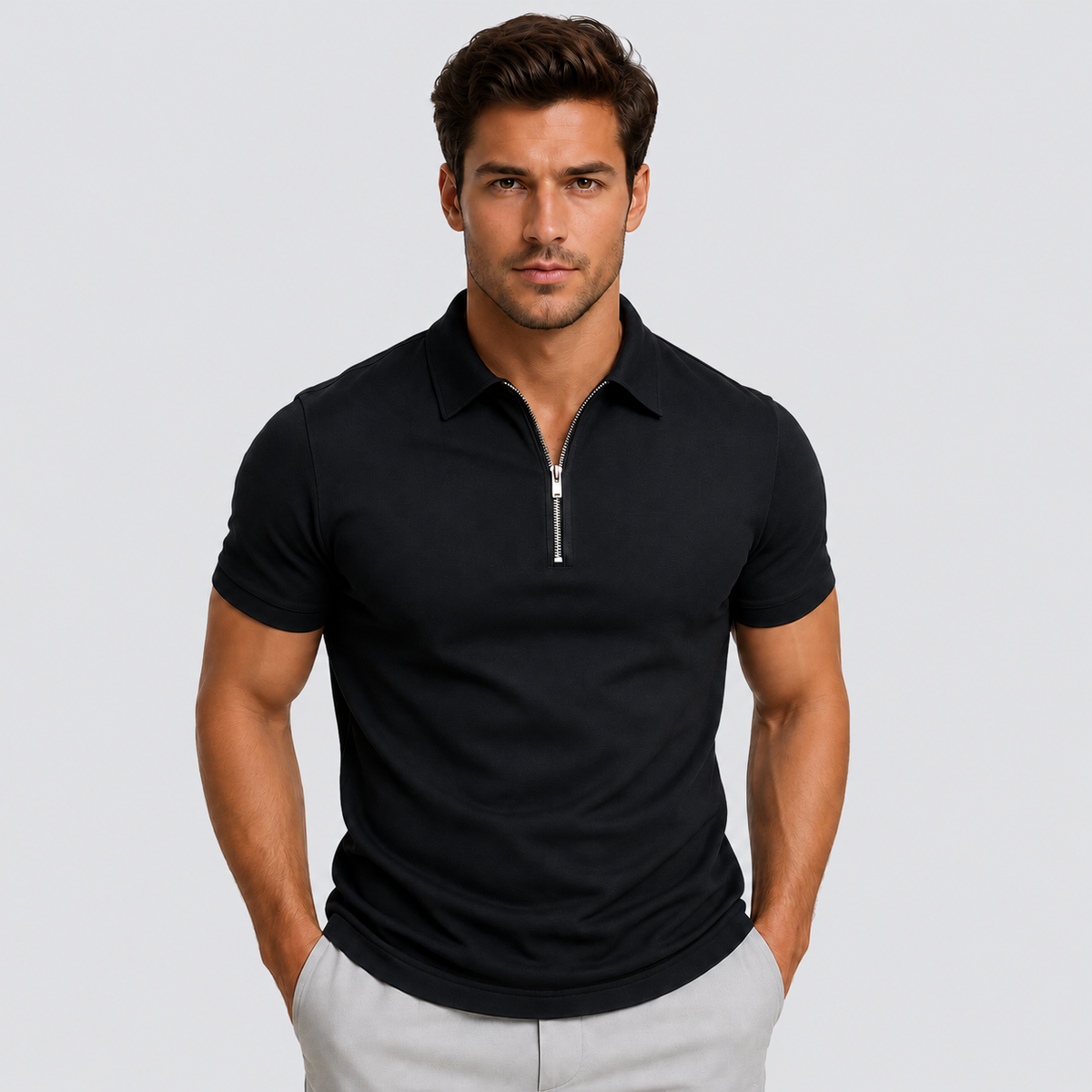Montarello Men's Zip-Neck Slim-Fit Short-Sleeve Polo Shirt
