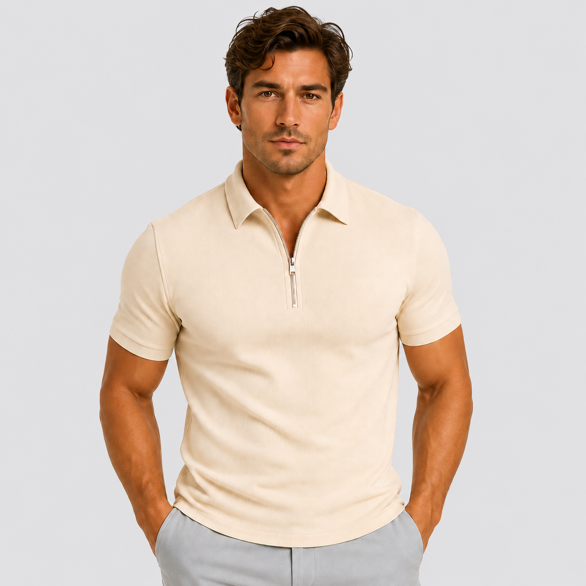 Montarello Men's Zip-Neck Slim-Fit Short-Sleeve Polo Shirt