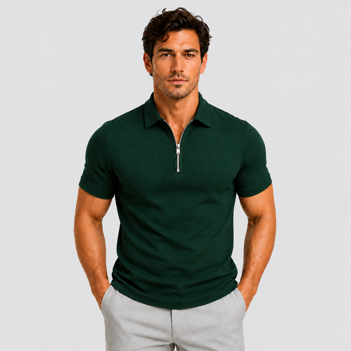 Montarello Men's Zip-Neck Slim-Fit Short-Sleeve Polo Shirt