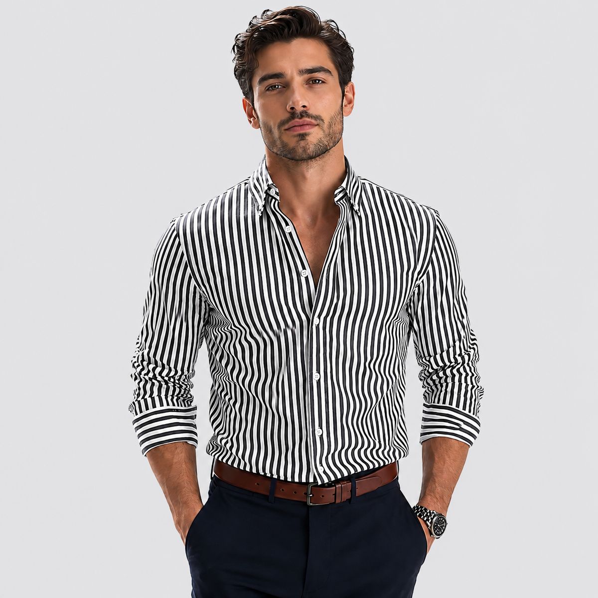 Montarello Men's Striped Slim-Fit Long-Sleeve Button-Up Shirt