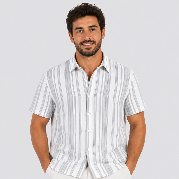 Montarello Men's Striped Short-Sleeve Linen-Look Beach Summer Shirt