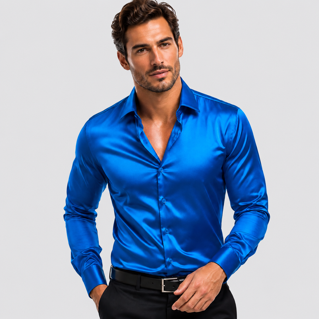 Montarello Men's Satin-Look Spread Collar Long-Sleeve Smart Casual Shirt