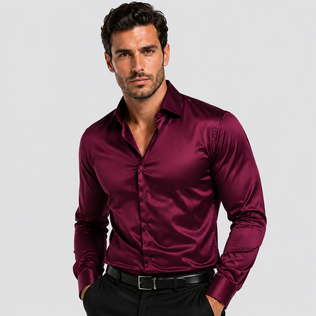 Montarello Men's Satin-Look Spread Collar Long-Sleeve Smart Casual Shirt