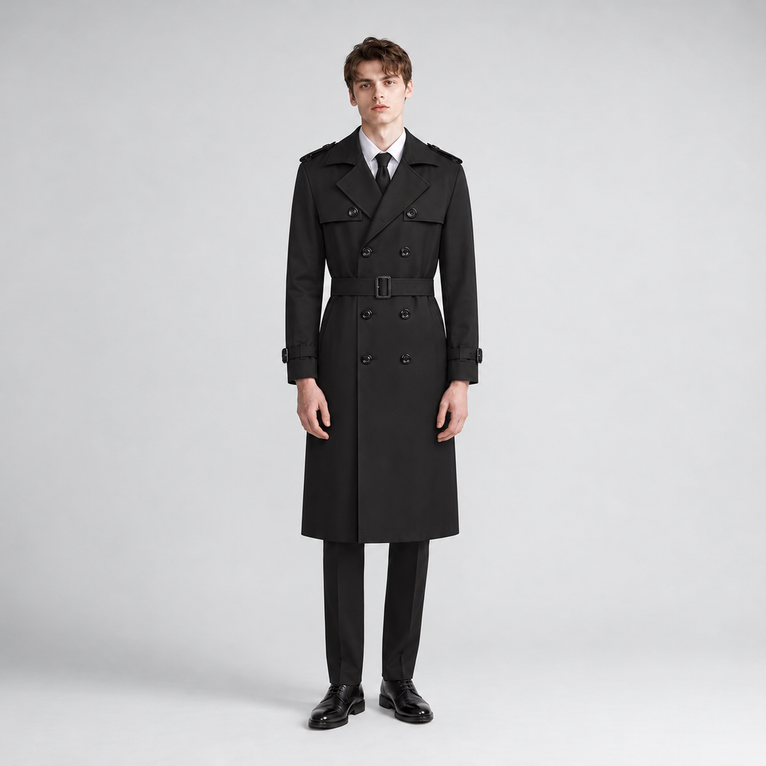 Montarello Men's Belted Trench Coat with Double Breasted Front – black front view