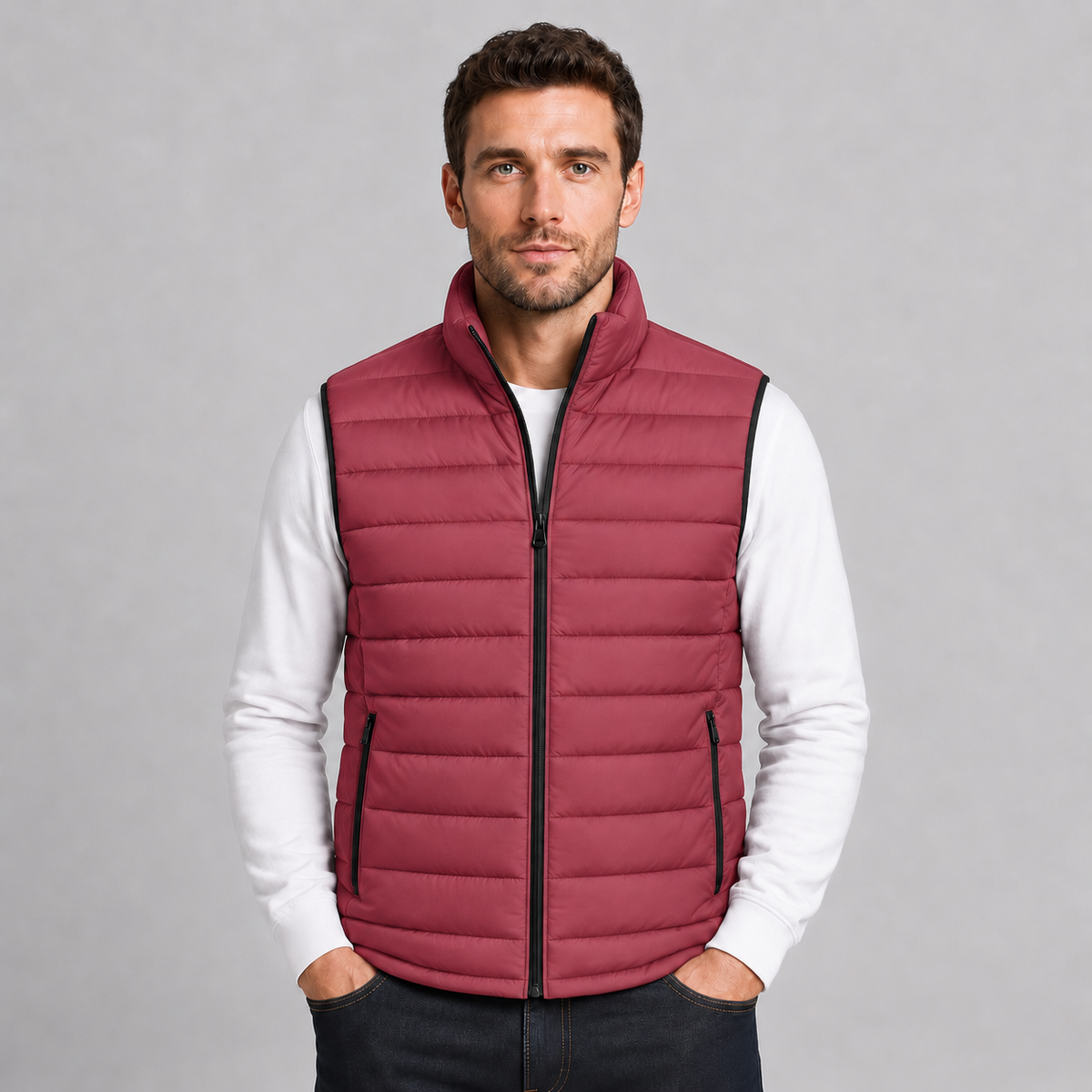 Montarello Men's Gilet Stand Collar Zip Up Lightweight – Scarlet, front view